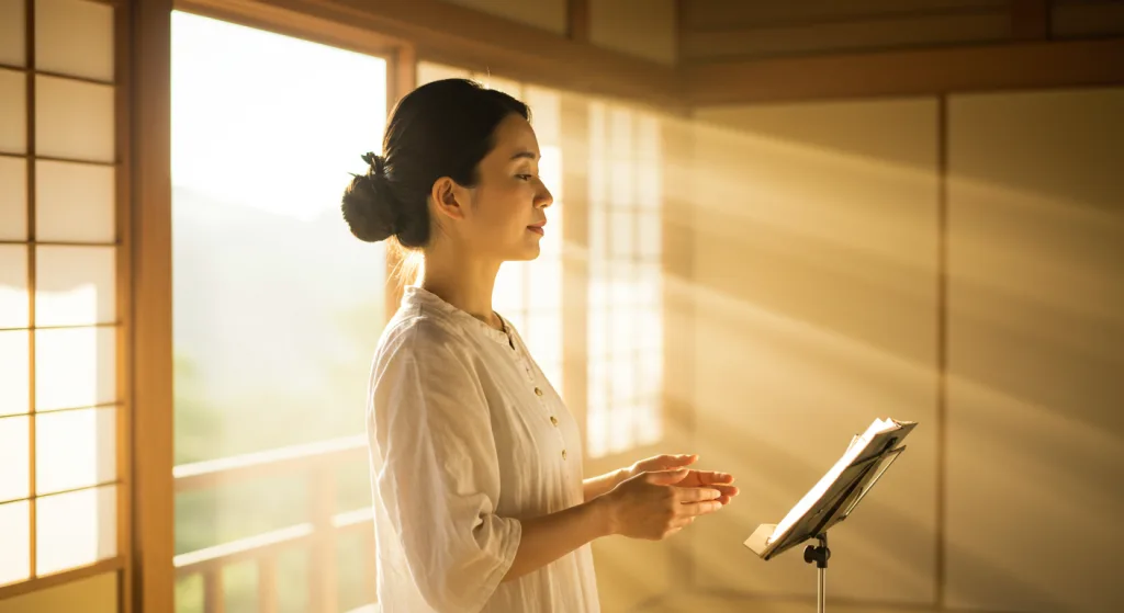 A Japanese woman practicing humming. A room with bright sunlight.
